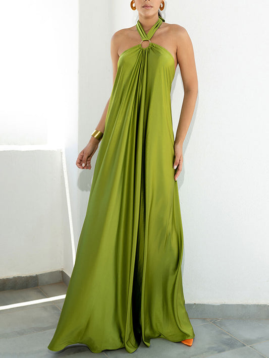 Emilia - Robe d'été en satin à col halter et coupe évasée