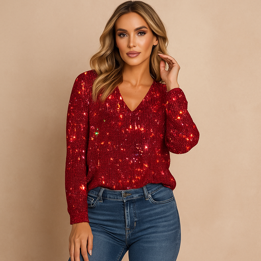 Pull à manches longues et col en V à paillettes pour femmes - Perla