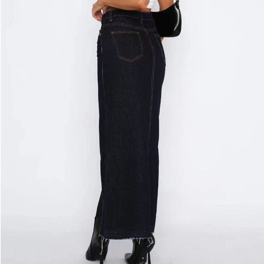 Jupe longue taille haute en denim avec fente au dos - Emilie