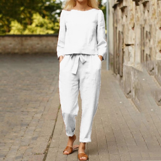 Valentina - Elégant ensemble chemisier et pantalon en lin et coton