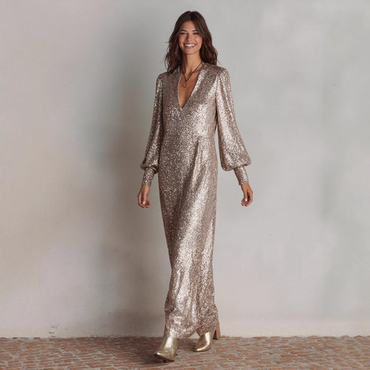 Robe longue pour femme avec paillettes coupe fluide - Annelise