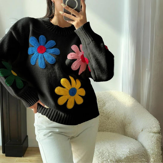 Farah - Pull en grosse maille avec applications florales voyantes