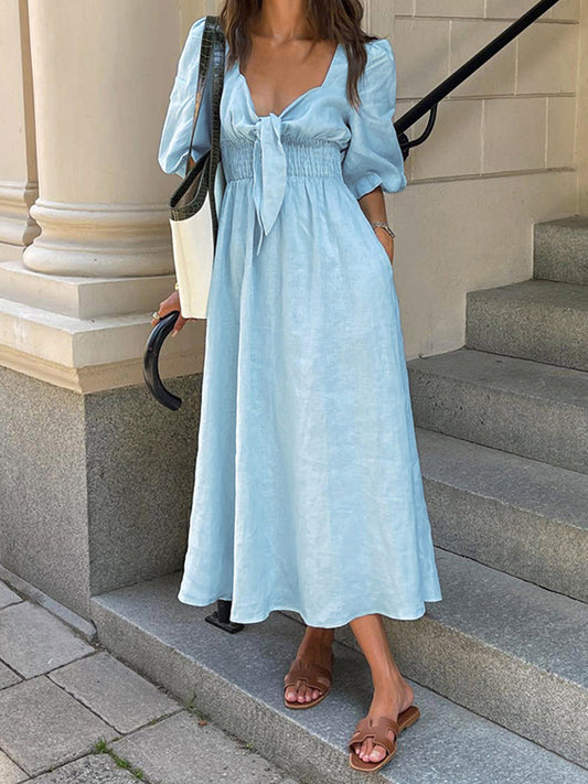 Jacqueline - Linen Cotton Tie Front Midi Dress