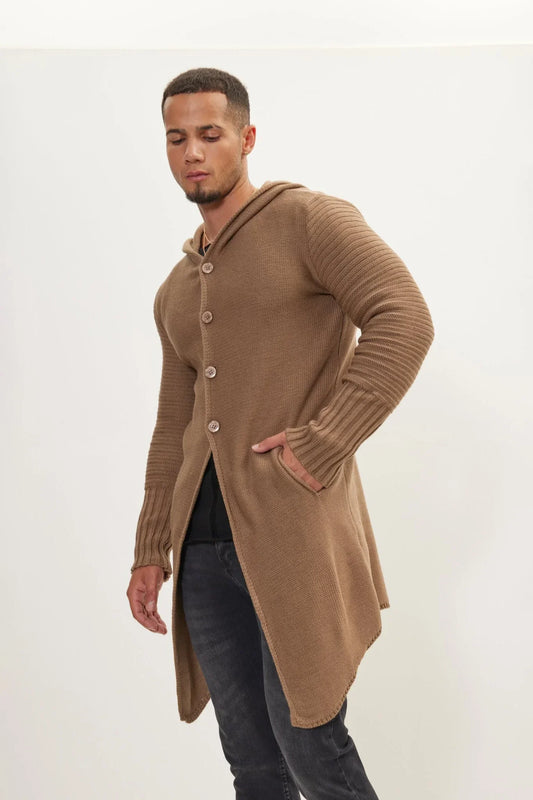 Long cardigan en maille à capuche et boutons - Baptiste
