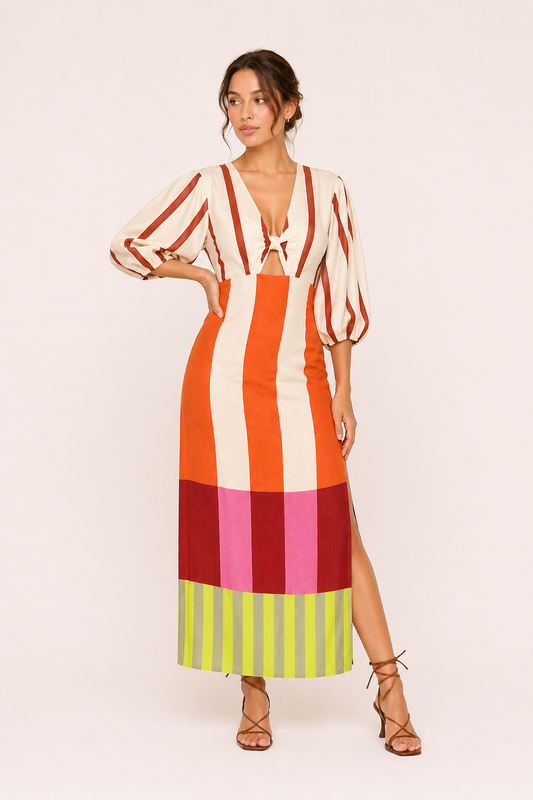 Robe midi rayée à manches longues avec fente latérale pour femmes - Frida