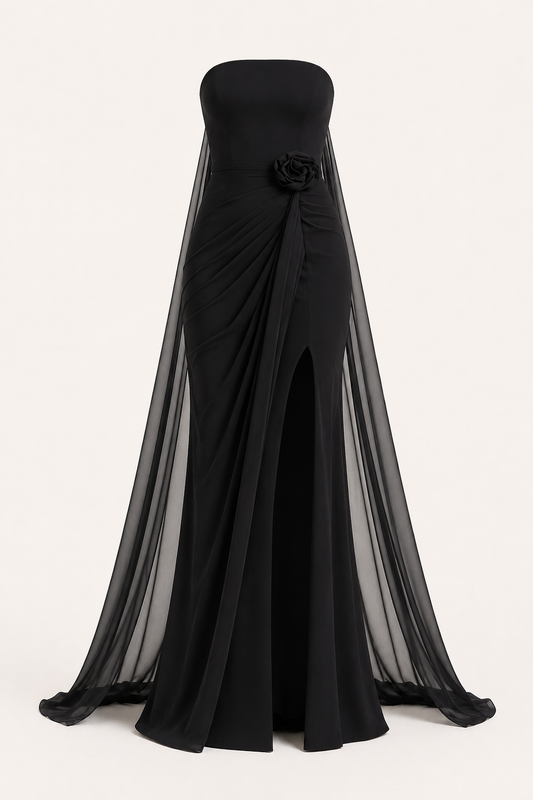 Robe longue pour femme, sans bretelles, drapée et fendue - Monika