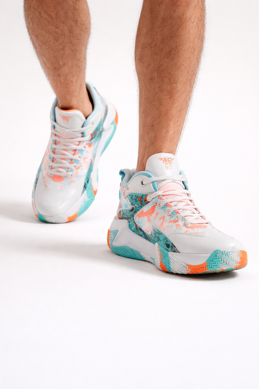 Herren Basketball Sneaker Mid-Cut grafisches Print weiß türkis orange – Volker