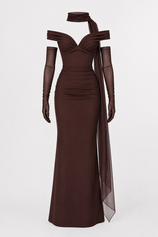 Robe de soirée longue pour femme, avec décolleté Bardot et châle - Fanny