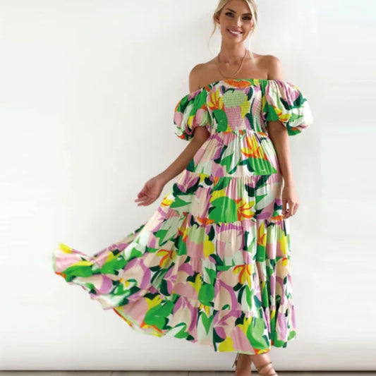 Eloise - Off-the-shoulder, tiered maxi dress with floral pattern