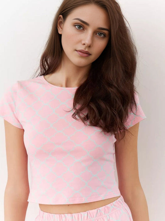 Spring Printed Short Sleeve Pink Pajama Two Piece