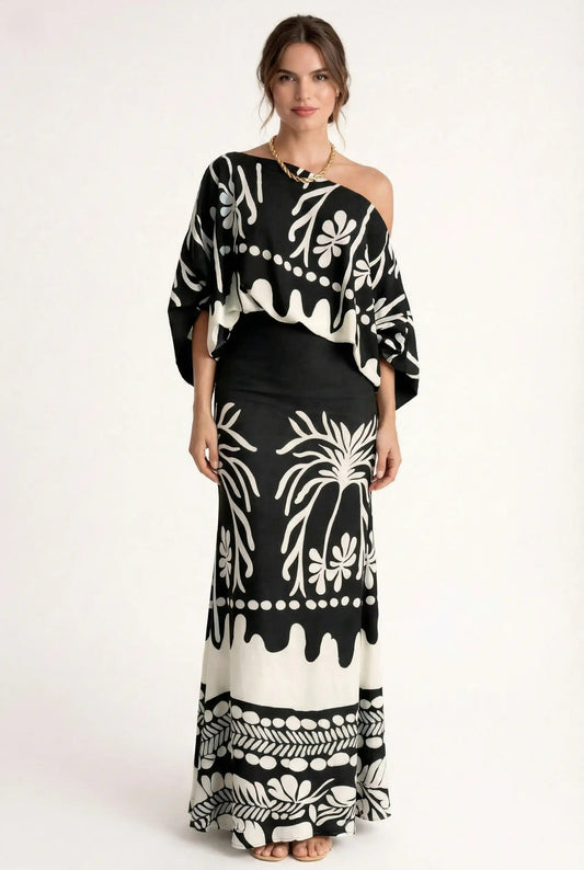 Ensemble blouse jupe longue imprimé printemps pour femme - Helene