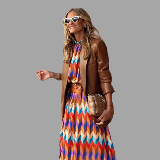 Aleiah - Robe midi colorée avec motif à chevrons et ceinture