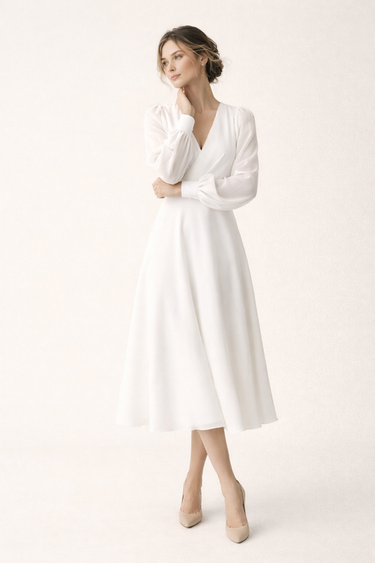 Robe longue avec col en V et manches longues bouffantes - Elsa