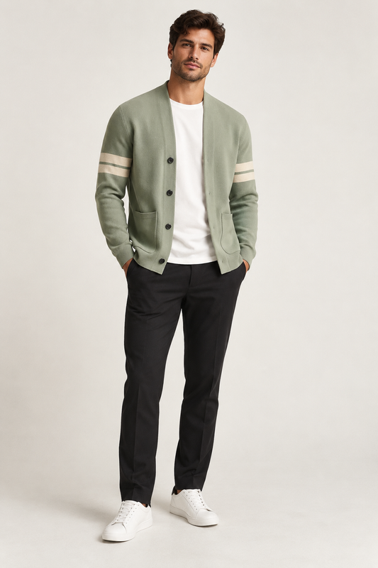 Herren-Strickjacke mit V-Ausschnitt, gestreiften Ärmeln und Knöpfen – Lennart