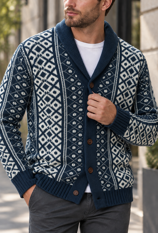 Cardigan en maille jacquard géométrique col châle boutonné - Dariel