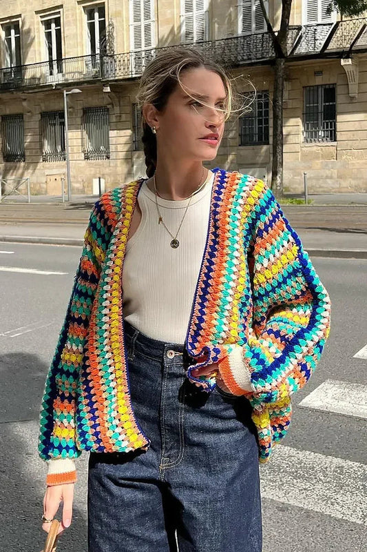 Cardigan oversize multicolore au crochet, à rayures - Lotte