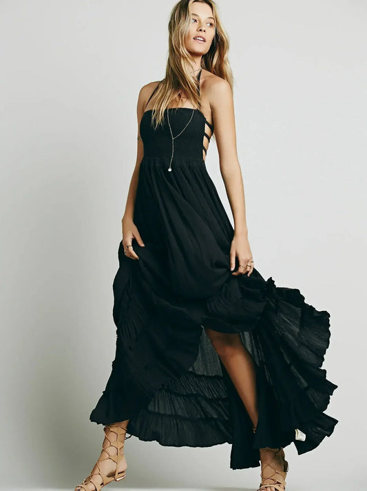 Robe longue femme bohème dos ouvert bleu - Nayela