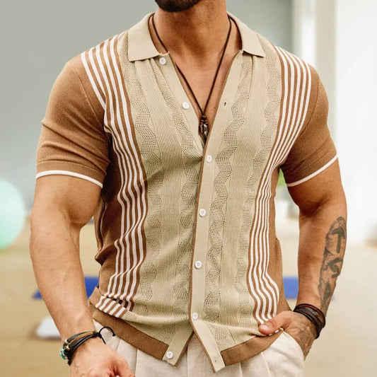 Chemise vintage en maille à rayures beiges et marrons pour homme - Renato
