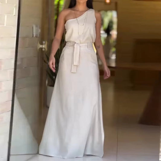 Ensemble deux pièces à une épaule pour femmes avec jupe longue beige - Celina