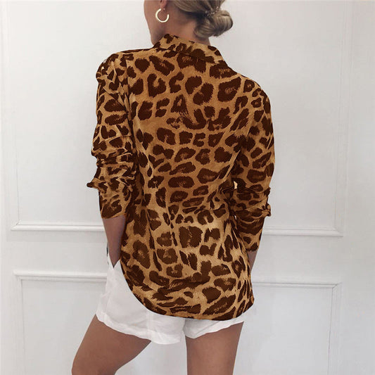 Kassie - Classy blouse à manches longues imprimé léopard Turn Down Col
