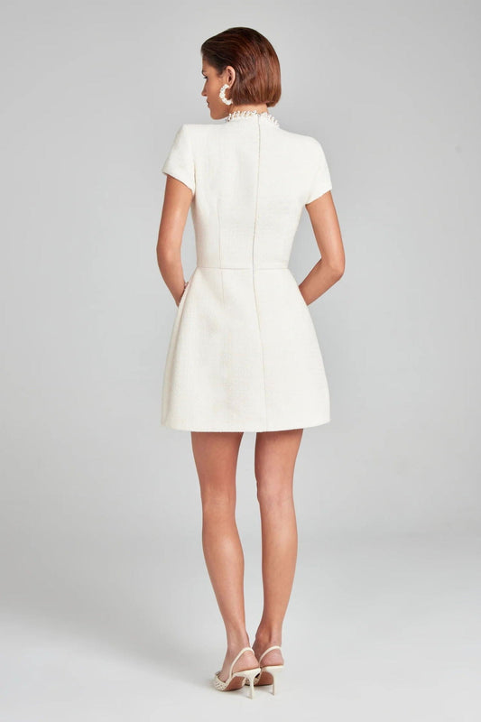 Robe courte en tweed pour femme avec perles blanches rétro - Clarisse