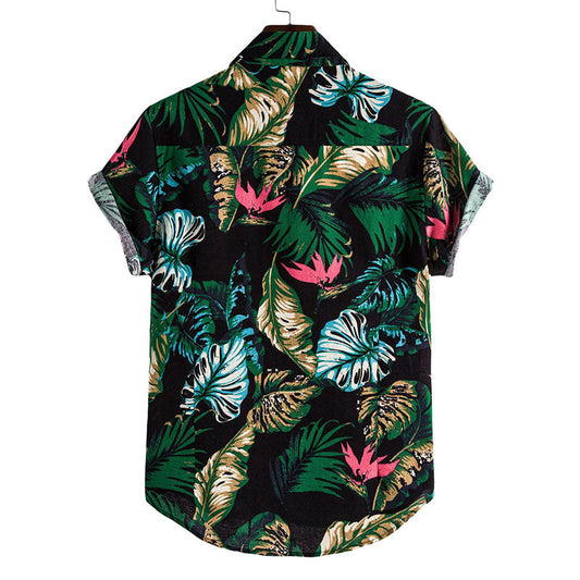 Chemise esthétique à manches courtes pour hommes, en coton imprimé de fleurs