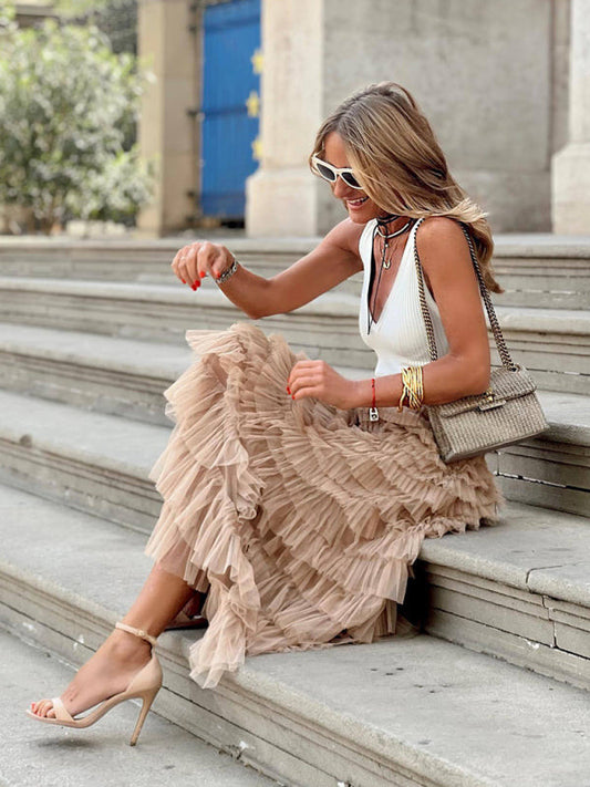 Maxijupe à taille haute pour femmes, look superposé - légère & aérée pour l'été