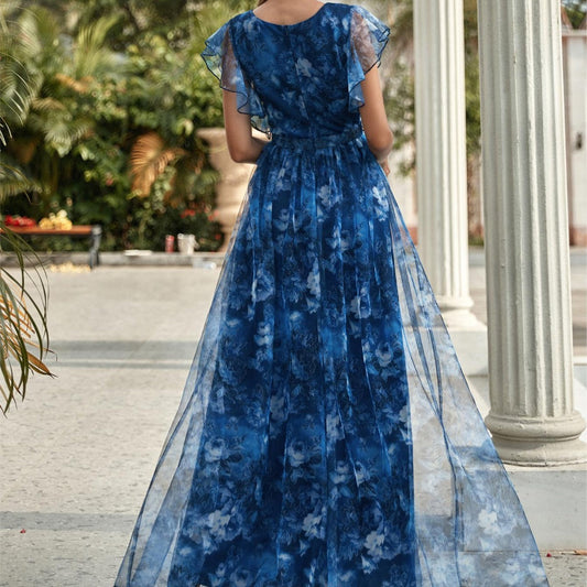 Robe longue pour femme en mousseline de soie imprimée, style aérien - Mariana