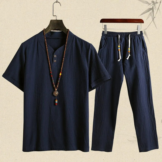 Ensemble en lin pour homme, style décontracté, manches courtes - Tao