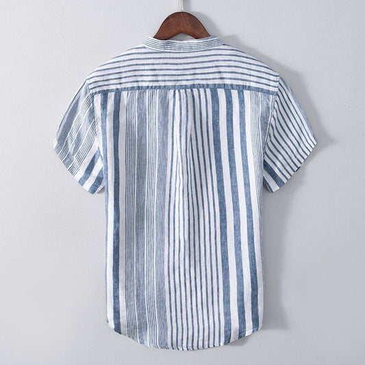 Chemise homme en lin, col mao, rayures verticales - Étienne