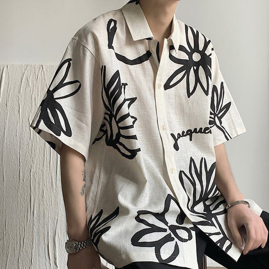 Chemise en lin à manches courtes pour hommes, avec motif floral artistique - Jörg