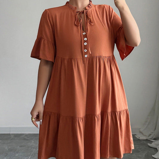 Robe courte pour femme en coton avec encolure volantée et style évasé - Ariana