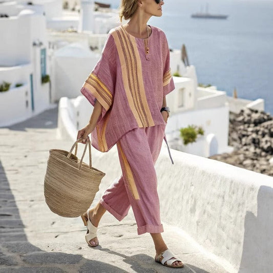 Parure de lin à larges rayures style méditerranéen pour femme - Danae