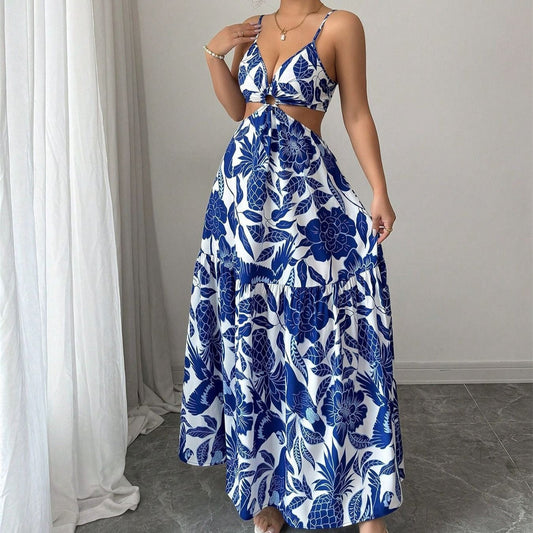 Robe longue pour femme, imprimé floral, bretelles découpées - Moenia
