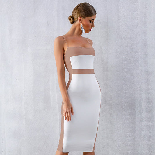 Robe midi pour femme à fines bretelles et design bicolore - Teresa
