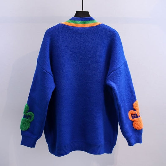 Cardigan en maille épaisse pour femmes, avec applications florales, style amusant - Ingrid