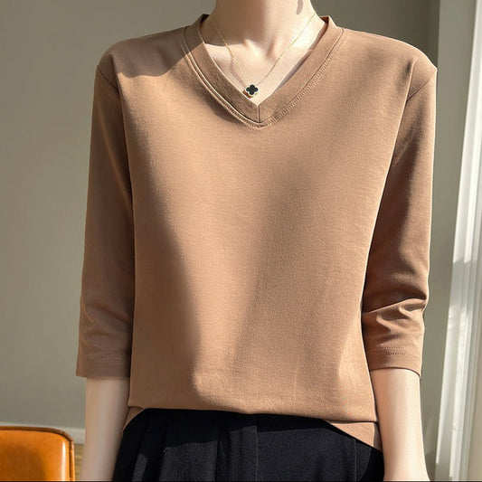 T-shirt femme col V, manches françaises, coton doux - Élodie