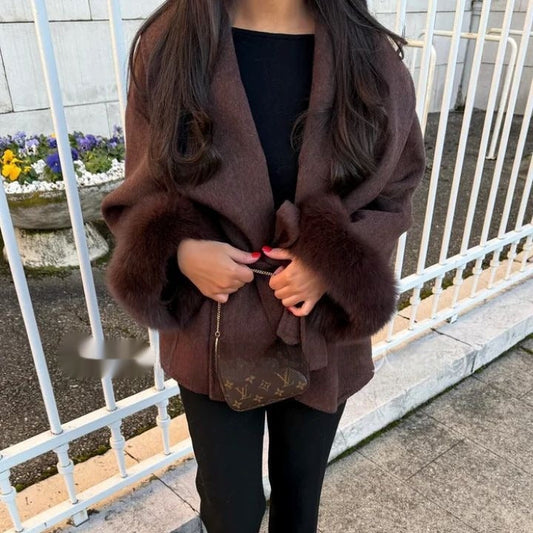 Manteau en laine pour femme à manches larges et poignets teddy - Carmela