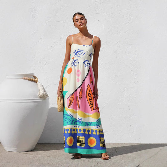 Robe longue fluide imprimée à bretelles pour femme - Naïma