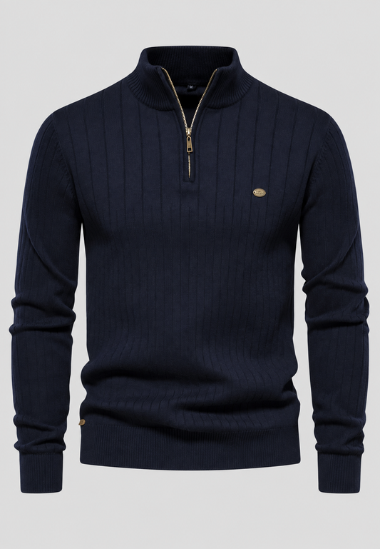 Herrenpullover mit halbem Reißverschluss, Rollkragen und Rippstrick – Mikkel