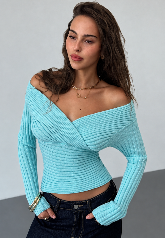 Pull femme côtelé épaules dénudées encolure croisée coupe ajustée - Ariadna