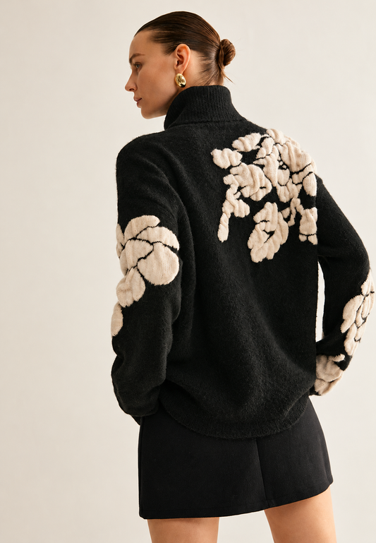 Pull femme col montant jacquard floral coupe ample - Briseida