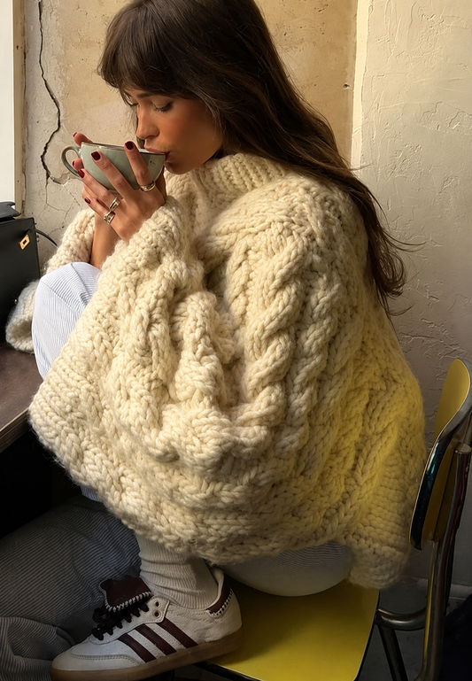 Pull femme oversize en maille torsadée, manches évasées et col montant - Nerina
