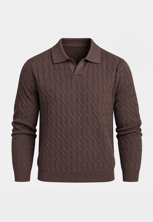 Polo en maille pour homme, manches longues, motif tressé, col ouvert - Eamon