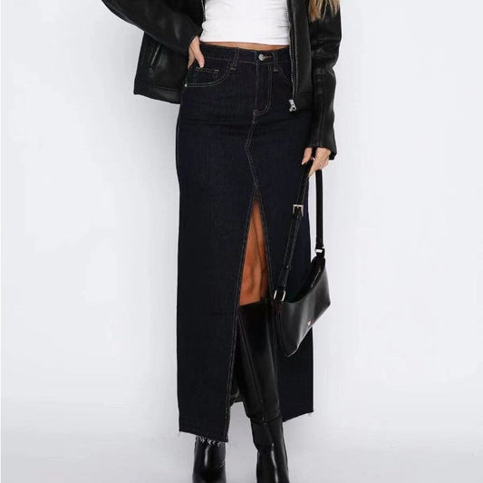 Jupe longue taille haute en denim avec fente au dos - Emilie