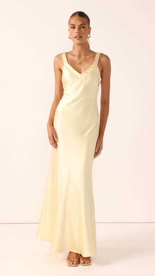 Robe longue en satin à encolure en V pour femme - Alondra