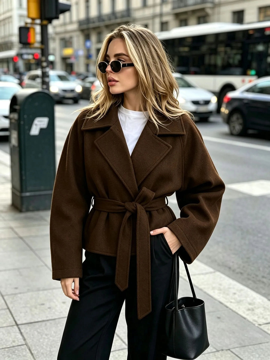 Veste courte femme effet drap ceinturée à revers - Calina