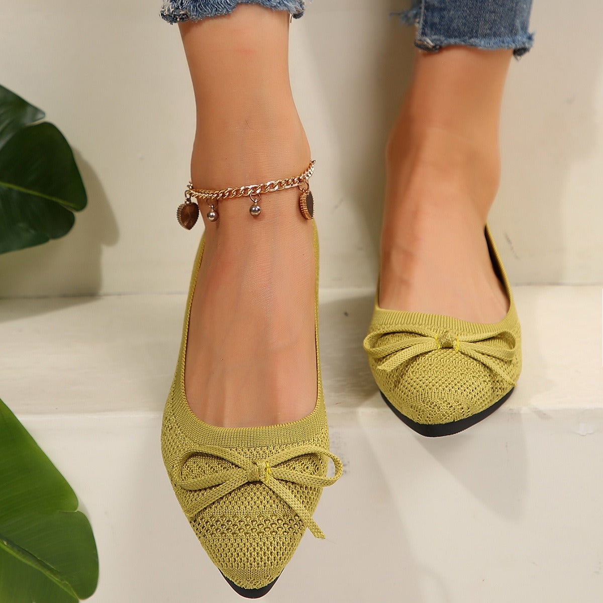 Damen-Ballerinas aus atmungsaktivem Strickgewebe mit dekorativer Schleife - Camila