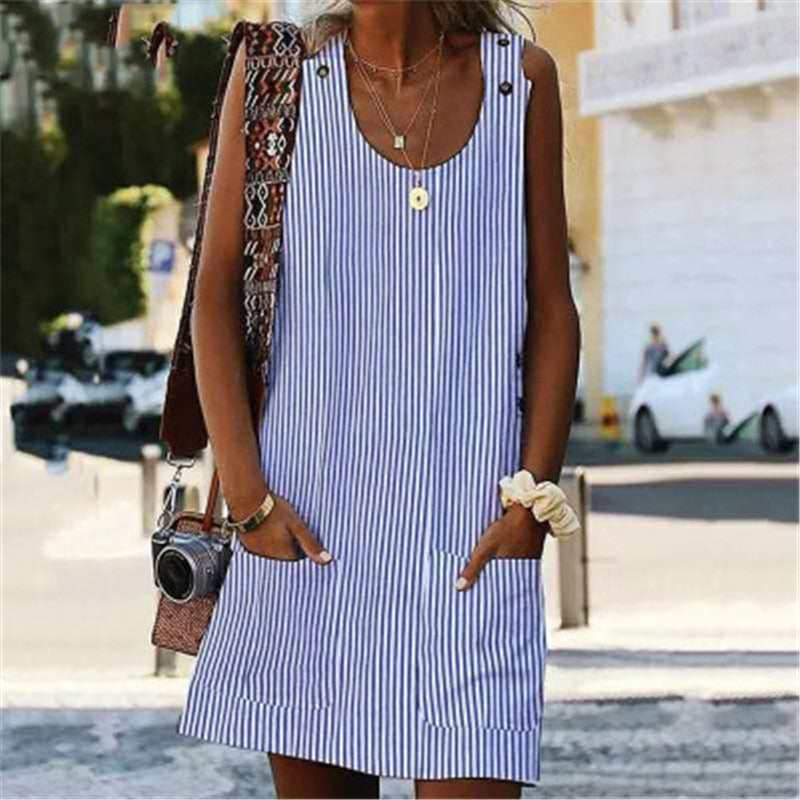 Kurzes Damenkleid mit gestreiften Trägern im Freizeitstil - Liora