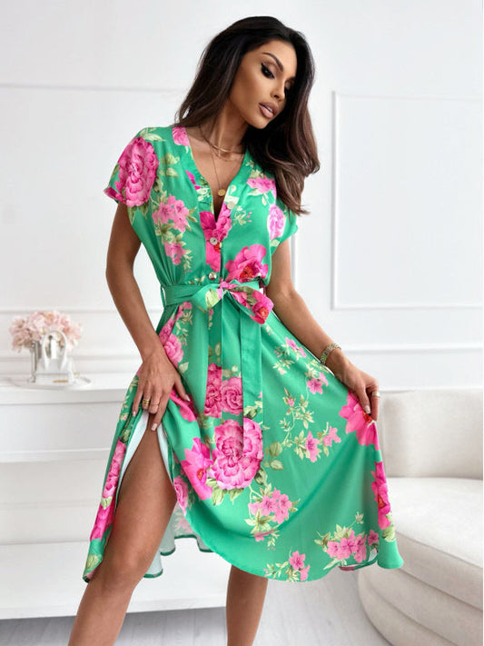 Robe à manches courtes à imprimé floral avec ceinture verte - Mirella